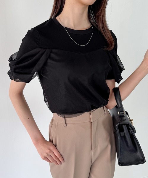 JUNOAH（ジュノア）の「チュールドレープTシャツ（Tシャツ/カットソー・レディース・チャコール/クリーム/ブラック・SMALL/MEDIUM/LARGE）」の5枚目の写真