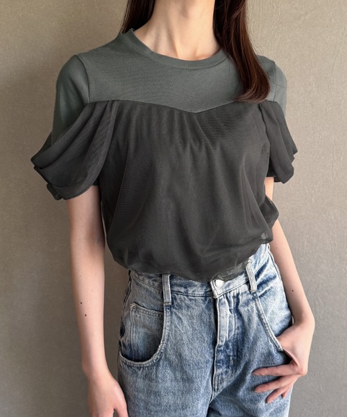 JUNOAH（ジュノア）の「チュールドレープTシャツ（Tシャツ/カットソー・レディース・チャコール/クリーム/ブラック・SMALL/MEDIUM/LARGE）」の9枚目の写真