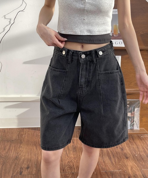 【日本未入荷】ハイウエスト デニムバミューダショーツ セール】ワイドレッグ ハイウエスト Aライン デニム バミューダ
