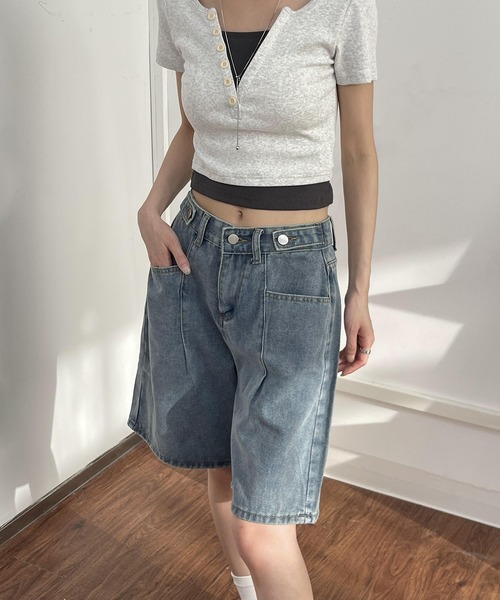 セール】ワイドレッグ ハイウエスト Aライン デニム バミューダ