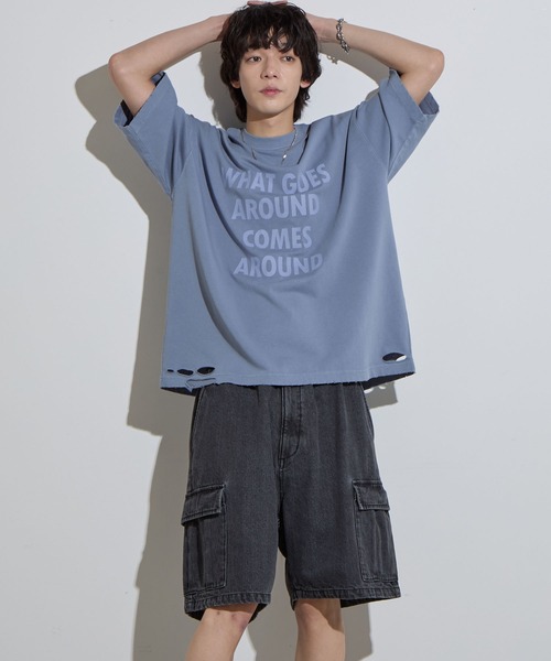 SLICK(スリック)の「【SLICK/スリック】Pigment Dye Damage Printed T-Shirt (WHAT GOSE) / ピグメントダイダメージプリントTシャ (WHAT GOSE)/オーバーサイズ シルエット / ピグメント加工/ ビンテージ(Tシャツ/カットソー・メンズ・グレイッシュベージュ/ブルーグレー/ブラック・1/2/3)」の3枚目の写真