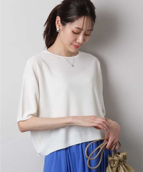 ☆新品【ミッシェルクラン】ネイビー半袖ニット/M/サマーセーター/レディース/夏 セール】五分袖サマーニット（ニット/セーター）｜MK MICHEL