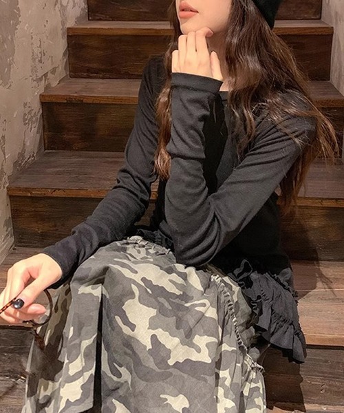HALEY PESCA(ヘーリーペスカ)の「HALEY PESCA /裾フリル 長袖レイヤードチュニック(Tシャツ/カットソー・レディース・ホワイト/ブラック・LARGE/MEDIUM/SMALL)」の13枚目の写真