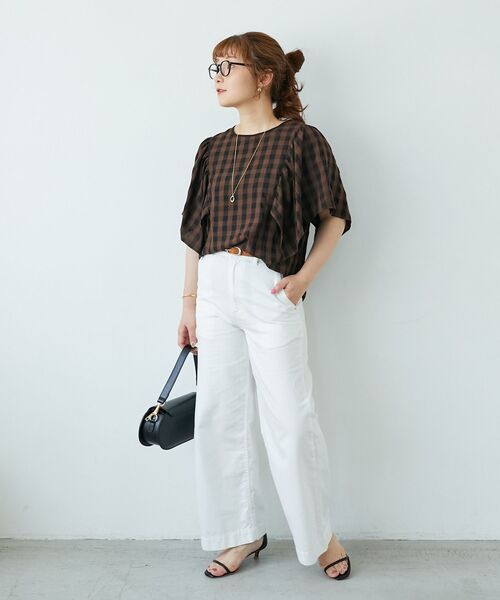 le.coeur blanc(ルクールブラン)の「《手洗い可能》ギンガムギャザーフレアスリーブブラウス(シャツ/ブラウス・レディース・ブラウン系その他2/ブラック系その他・38)」の13枚目の写真