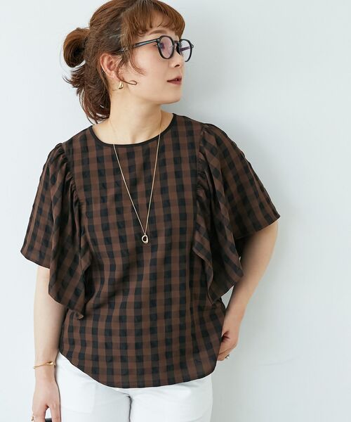 le.coeur blanc(ルクールブラン)の「《手洗い可能》ギンガムギャザーフレアスリーブブラウス(シャツ/ブラウス・レディース・ブラウン系その他2/ブラック系その他・38)」の14枚目の写真