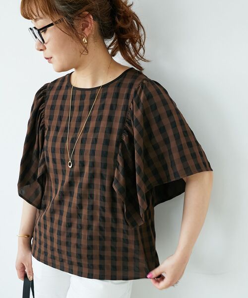 le.coeur blanc(ルクールブラン)の「《手洗い可能》ギンガムギャザーフレアスリーブブラウス(シャツ/ブラウス・レディース・ブラウン系その他2/ブラック系その他・38)」の16枚目の写真