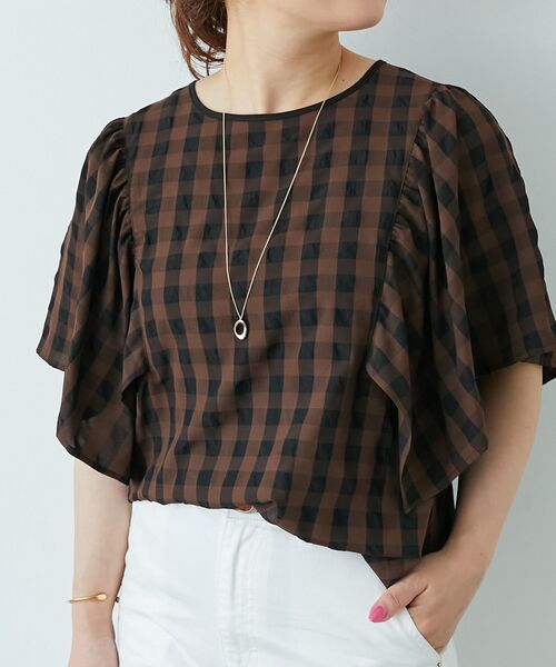 le.coeur blanc(ルクールブラン)の「《手洗い可能》ギンガムギャザーフレアスリーブブラウス(シャツ/ブラウス・レディース・ブラウン系その他2/ブラック系その他・38)」の17枚目の写真