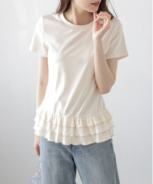 AMELY(エミリー)の「フリルヘムTシャツ(Tシャツ/カットソー・レディース・杢グレー/ブラック/ホワイト・フリー)」の4枚目の写真