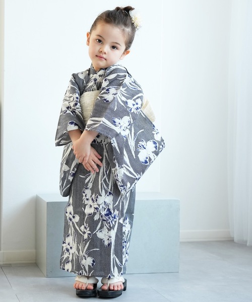 utatane×Acka.］kids 浴衣3set 鮫小紋と菖蒲 navy・ivory（浴衣