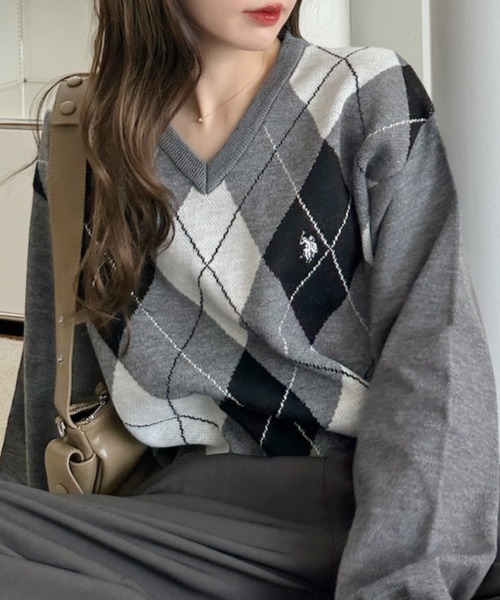 ニット セーター 「Ada.別注 U.S. POLO ASSN」アーガイル Vネック トラッド ニット レディース Ada.別注 U.S. POLO ASSN】アーガイル Vネック トラッド ニット