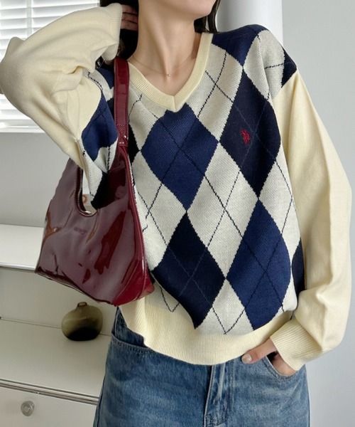 ニット セーター 「Ada.別注 U.S. POLO ASSN」アーガイル Vネック トラッド ニット レディース Ada.別注 U.S. POLO ASSN】アーガイル Vネック トラッド ニット