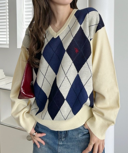 ニット セーター 「Ada.別注 U.S. POLO ASSN」アーガイル Vネック トラッド ニット レディース Ada.別注 U.S. POLO ASSN】アーガイル Vネック トラッド ニット