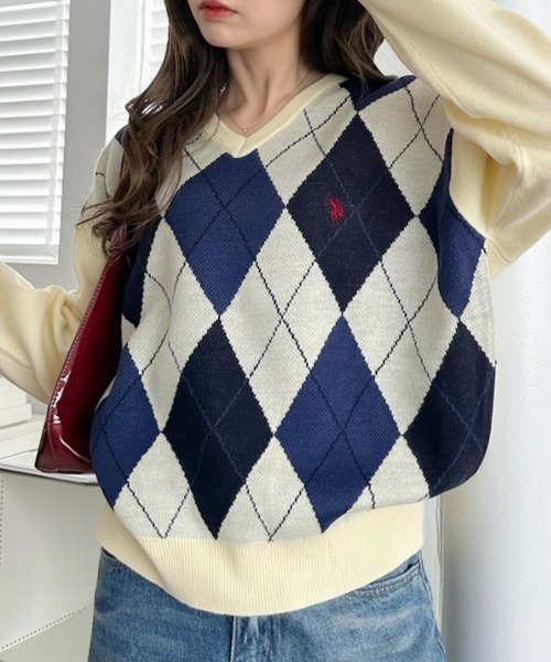ニット セーター 「Ada.別注 U.S. POLO ASSN」アーガイル Vネック トラッド ニット レディース Ada.別注 U.S. POLO ASSN】アーガイル Vネック トラッド ニット