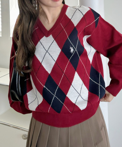 ニット セーター 「Ada.別注 U.S. POLO ASSN」アーガイル Vネック トラッド ニット レディース Ada.別注 U.S. POLO ASSN】アーガイル Vネック トラッド ニット