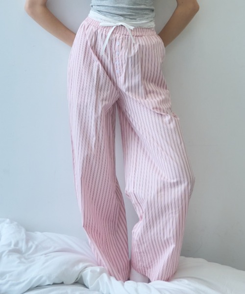 Birthday room(バースデイルーム)の「ストライプダブルウエストイージーパンツ/Stripe double waist easy pants(その他パンツ・レディース・ピンク/ライトブルー・FREE)」の1枚目の写真