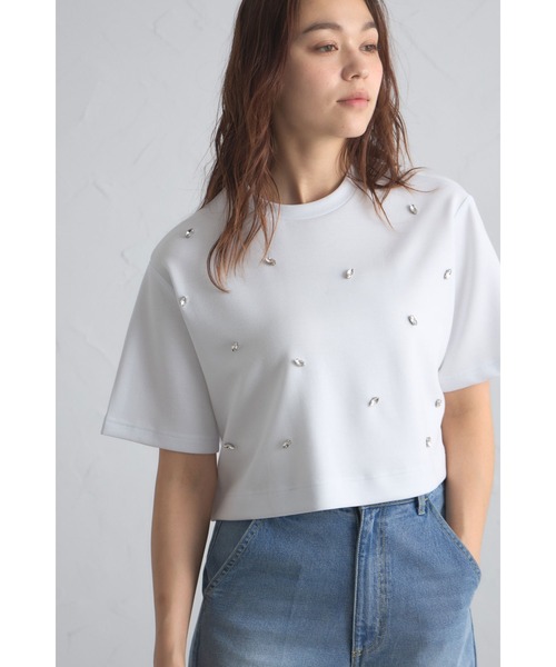 &. NOSTALGIA（アンドドットノスタルジア）の「ビジュークロップドTシャツ（Tシャツ/カットソー・レディース・ブラック/ホワイト・M）」の2枚目の写真