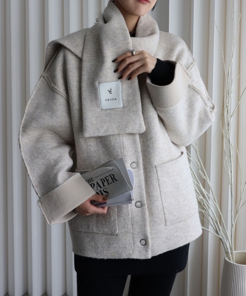 ダブルフェースニットブルゾン+マフラー付き / コーディガン