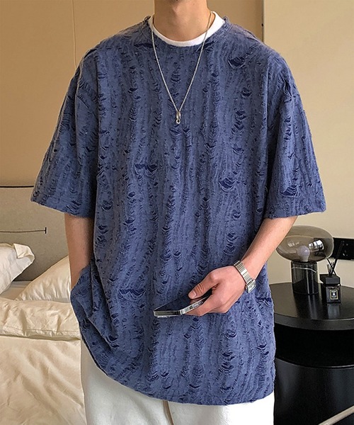 THE HITSS(ヒッツ)の「クラッシュ ダメージ オーバーサイズ Tシャツ(Tシャツ/カットソー・メンズ・チャコール/ホワイト/ブルー/ブラック・FREE)」の4枚目の写真