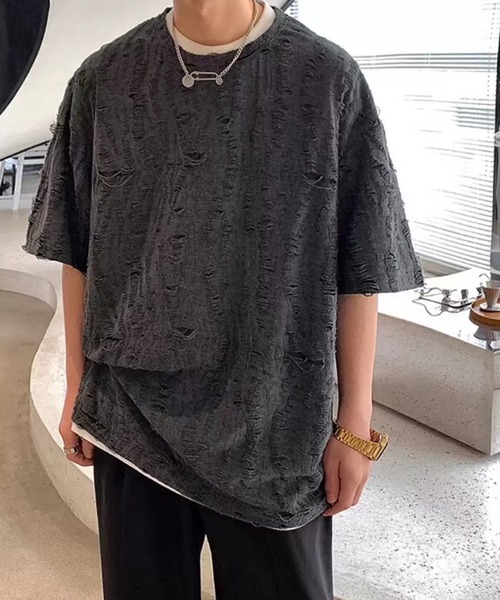THE HITSS(ヒッツ)の「クラッシュ ダメージ オーバーサイズ Tシャツ(Tシャツ/カットソー・メンズ・チャコール/ホワイト/ブルー/ブラック・FREE)」の21枚目の写真