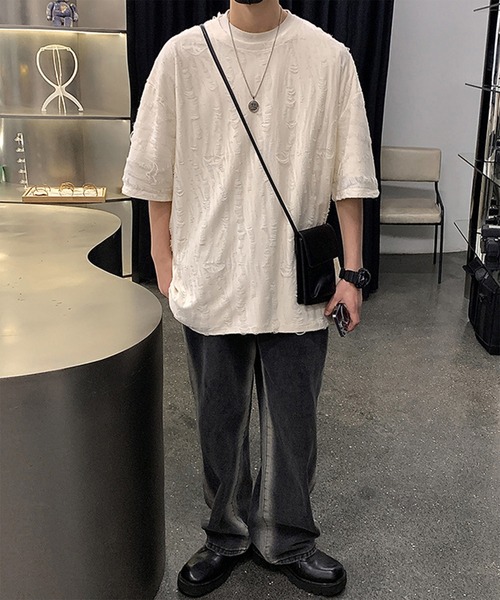 THE HITSS(ヒッツ)の「クラッシュ ダメージ オーバーサイズ Tシャツ(Tシャツ/カットソー・メンズ・チャコール/ホワイト/ブルー/ブラック・FREE)」の8枚目の写真