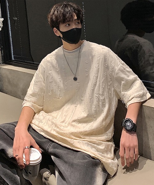 THE HITSS(ヒッツ)の「クラッシュ ダメージ オーバーサイズ Tシャツ(Tシャツ/カットソー・メンズ・チャコール/ホワイト/ブルー/ブラック・FREE)」の11枚目の写真
