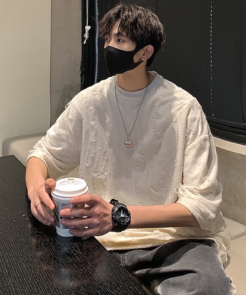 THE HITSS(ヒッツ)の「クラッシュ ダメージ オーバーサイズ Tシャツ(Tシャツ/カットソー・メンズ・チャコール/ホワイト/ブルー/ブラック・FREE)」の10枚目の写真