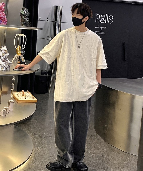 THE HITSS(ヒッツ)の「クラッシュ ダメージ オーバーサイズ Tシャツ(Tシャツ/カットソー・メンズ・チャコール/ホワイト/ブルー/ブラック・FREE)」の12枚目の写真