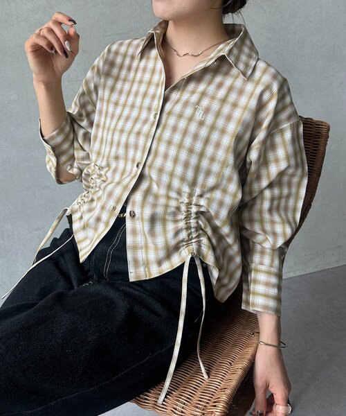 ブラウス シャツ 「UV加工付き」ドロストチェックショートシャツ レディース UV加工付き】ドロストチェックショートシャツ（シャツ/ブラウス
