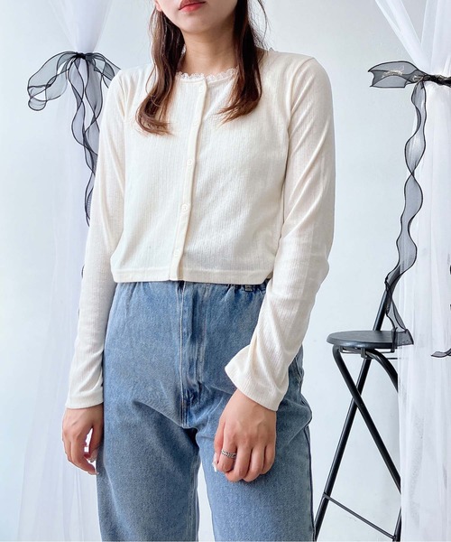 AS KNOW AS plus（アズノゥアズプラス）の「♪ピコレース クルーネックカーディガン（カーディガン/ボレロ・レディース・アイボリー系/杢グレー/アイボリー/アイボリー系1・FREE）」の2枚目の写真