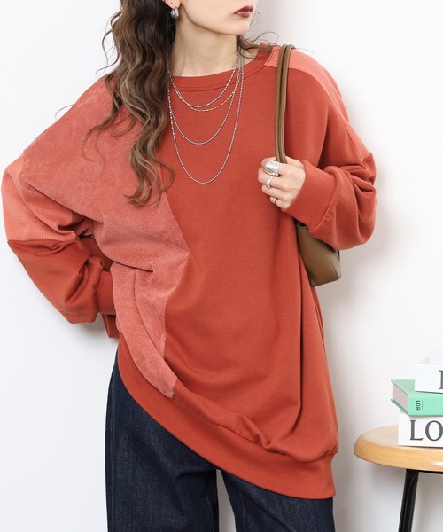 myke（ミーカ）の「myke TC裏毛コーデュロイ×ワッフル切替えチュニック（ワンピース・レディース・カーキ/テラコッタ/杢グレー/チャコール・M）」の2枚目の写真