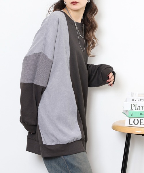 myke（ミーカ）の「myke TC裏毛コーデュロイ×ワッフル切替えチュニック（ワンピース・レディース・カーキ/テラコッタ/杢グレー/チャコール・M）」の13枚目の写真