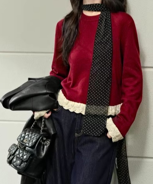 Teem Store(チームストア)の「裾フリルクルーネックニット 重ね着 レイヤード(ニット/セーター・レディース・アイボリー/ブラック/グレー/ワイン・F)」の1枚目の写真