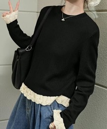 裾フリルクルーネックニット 重ね着 レイヤード
