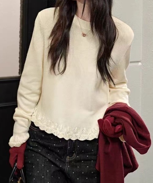 Teem Store(チームストア)の「裾フリルクルーネックニット 重ね着 レイヤード(ニット/セーター・レディース・アイボリー/ブラック/グレー/ワイン・F)」の5枚目の写真