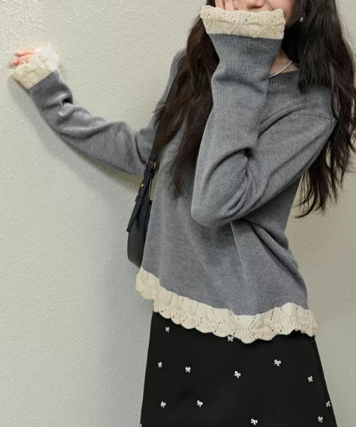 Teem Store(チームストア)の「裾フリルクルーネックニット 重ね着 レイヤード(ニット/セーター・レディース・アイボリー/ブラック/グレー/ワイン・F)」の11枚目の写真