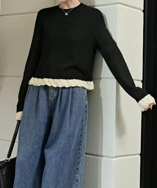 Teem Store(チームストア)の「裾フリルクルーネックニット 重ね着 レイヤード(ニット/セーター・レディース・アイボリー/ブラック/グレー/ワイン・F)」の8枚目の写真