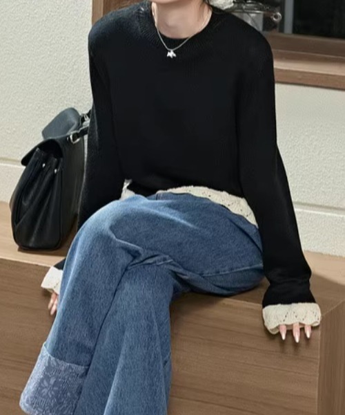 Teem Store(チームストア)の「裾フリルクルーネックニット 重ね着 レイヤード(ニット/セーター・レディース・アイボリー/ブラック/グレー/ワイン・F)」の9枚目の写真