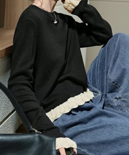 Teem Store(チームストア)の「裾フリルクルーネックニット 重ね着 レイヤード(ニット/セーター・レディース・アイボリー/ブラック/グレー/ワイン・F)」の10枚目の写真