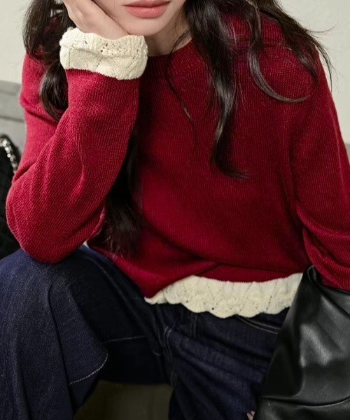 Teem Store(チームストア)の「裾フリルクルーネックニット 重ね着 レイヤード(ニット/セーター・レディース・アイボリー/ブラック/グレー/ワイン・F)」の15枚目の写真