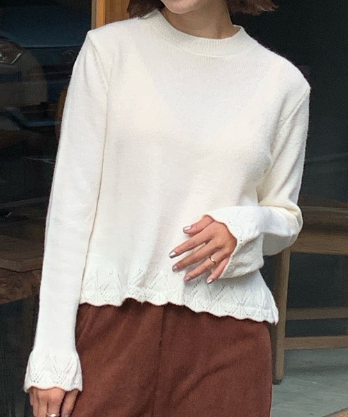 Teem Store(チームストア)の「裾フリルクルーネックニット 重ね着 レイヤード(ニット/セーター・レディース・アイボリー/ブラック/グレー/ワイン・F)」の20枚目の写真