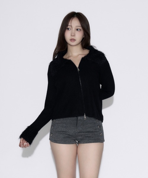 tinkerend(ティンカーエンド)の「Polo Shaggy Double Zip Knit / ポロシャギーダブルジップニット(ニット/セーター・レディース・グレー/ブラック・FREE)」の1枚目の写真