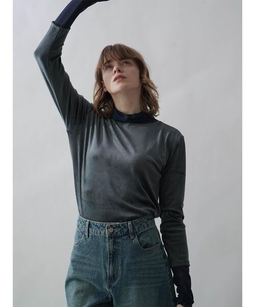 :ETHROF（イーサオブ）の「TULLE DOCKING VELOUR TOPS（Tシャツ/カットソー・レディース・フューシャピンク/ブラック/チャコール・MEDIUM）」の5枚目の写真