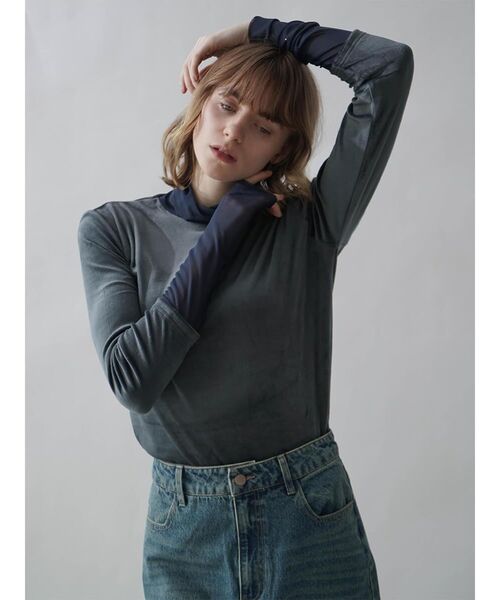 :ETHROF（イーサオブ）の「TULLE DOCKING VELOUR TOPS（Tシャツ/カットソー・レディース・フューシャピンク/ブラック/チャコール・MEDIUM）」の9枚目の写真