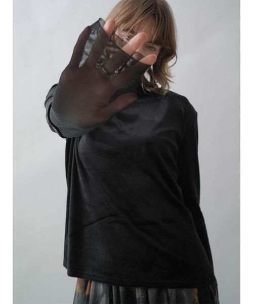 :ETHROF（イーサオブ）の「TULLE DOCKING VELOUR TOPS（Tシャツ/カットソー・レディース・フューシャピンク/ブラック/チャコール・MEDIUM）」の13枚目の写真