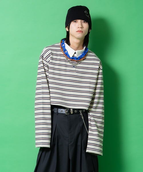 a.p.o.v.(エーピーオービー)の「a.p.o.v. ボーダー甘編み裏毛クロップドラガーシャツ(Tシャツ/カットソー・メンズ・ネイビー/インディゴブルー/ブラウン・ONESIZE)」の3枚目の写真