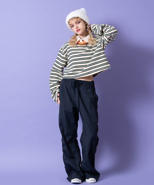 セール】a.p.o.v. ボーダー甘編み裏毛クロップドラガーシャツ（Tシャツ