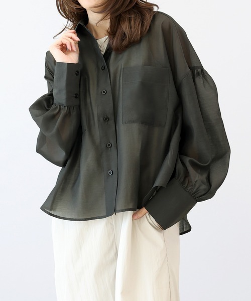 Aletta vita(アレッタビータ)の「袖ギャザー両ポケシアー長袖シャツ(シャツ/ブラウス・レディース・ダークブラウン/グレイッシュベージュ/スミクロ・M)」の1枚目の写真
