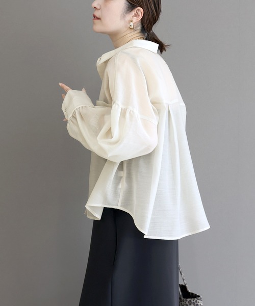 Aletta vita(アレッタビータ)の「袖ギャザー両ポケシアー長袖シャツ(シャツ/ブラウス・レディース・ダークブラウン/グレイッシュベージュ/スミクロ・M)」の12枚目の写真