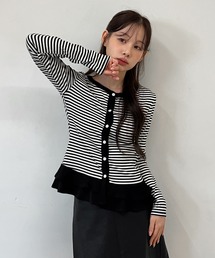 黒カーディガン トップス　カットソー　Tシャツ セットでお買い得！】モールニットカーディガン＋長袖Tシャツ 洗濯機OK