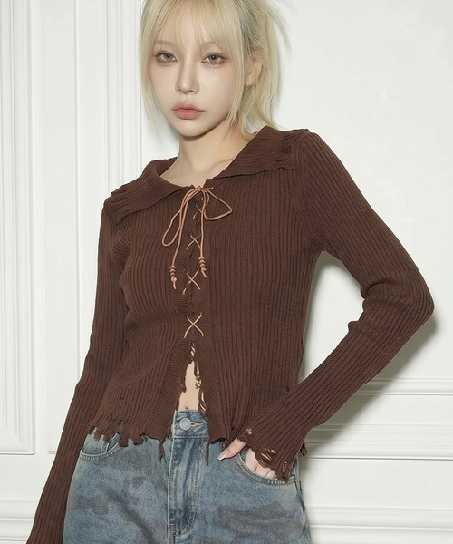 .KOM(ドットコム)の「『.KOM/ドットケーオーエム』スピンドルショールテレコニット【GC】(ニット/セーター・レディース・ベージュ/ブラウン・FREE)」の10枚目の写真